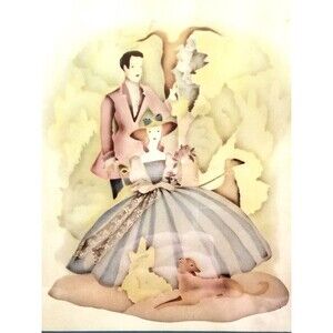 Victorian Courting Couple 1940s Watercolor Style Framed Lithograph 12.75"x10.75"